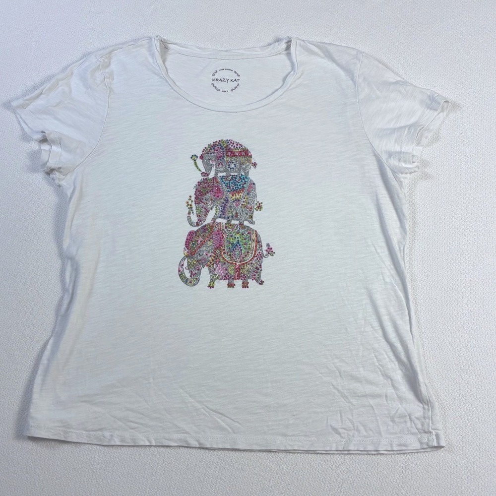 Krazy Kat Womens White Rhinestone Elephant Graphic Slub Tee Shirt Large